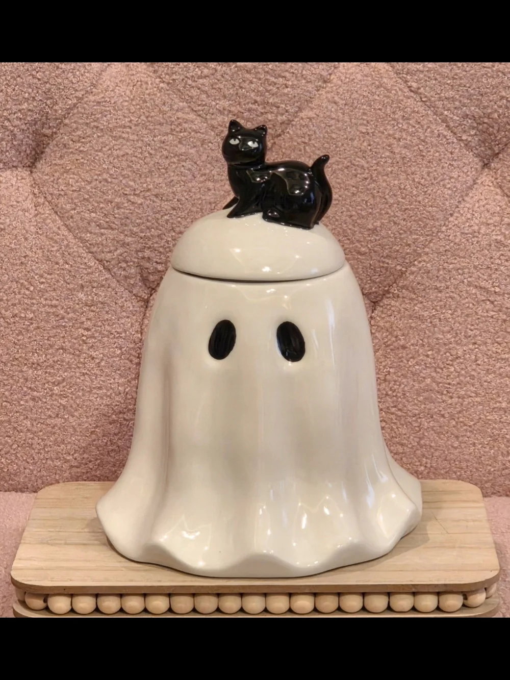 Ceramic White Ghost Cookie Jar with Black Cat Lid